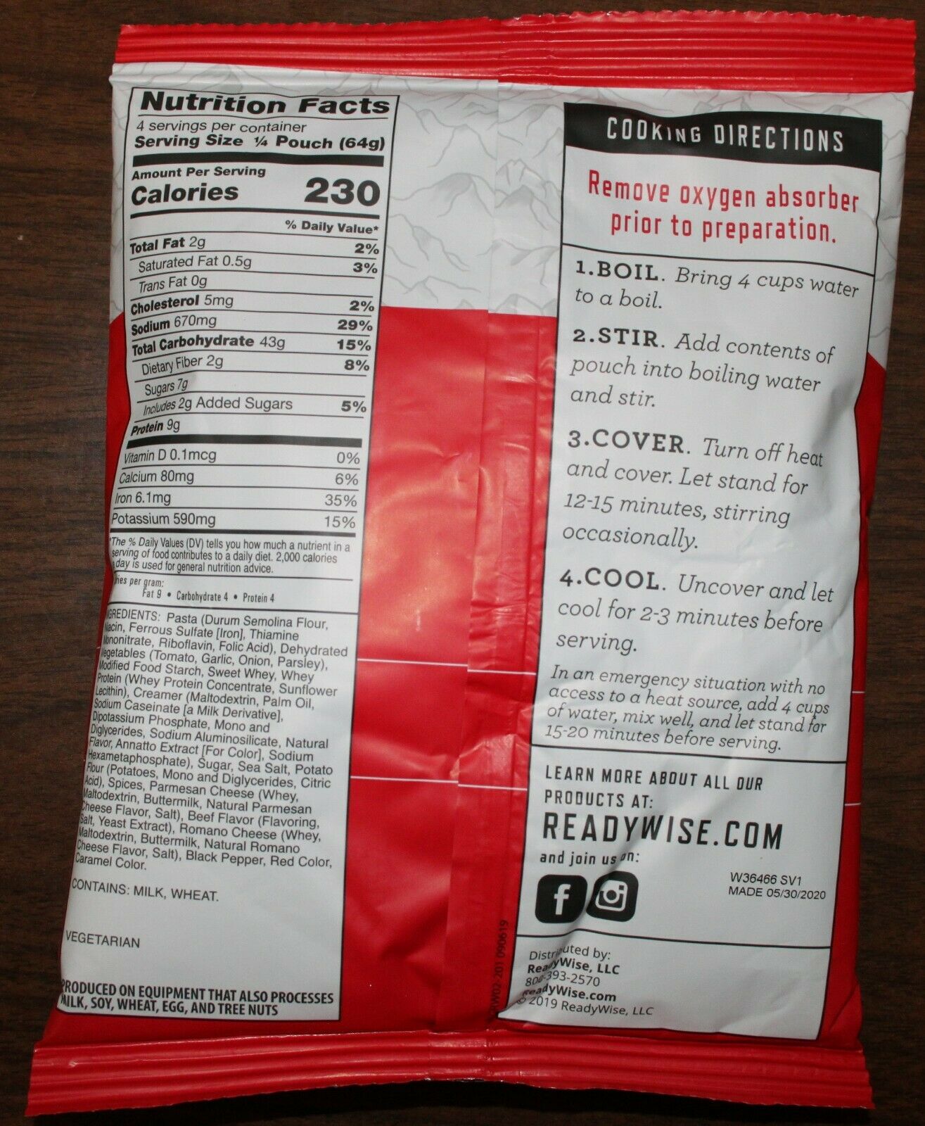 ReadyWise Cheesy Lasagna Freeze-Dried Food Exp 2045 4 Servings