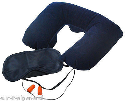 3 Piece Travel Sleep Set Kit Neck Pillow Eye Mask Ear Plugs Airplane Camping