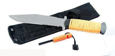 11" Hunting Blade Knife w/ Fire Starter and Whistle Orange Paracord On Handle