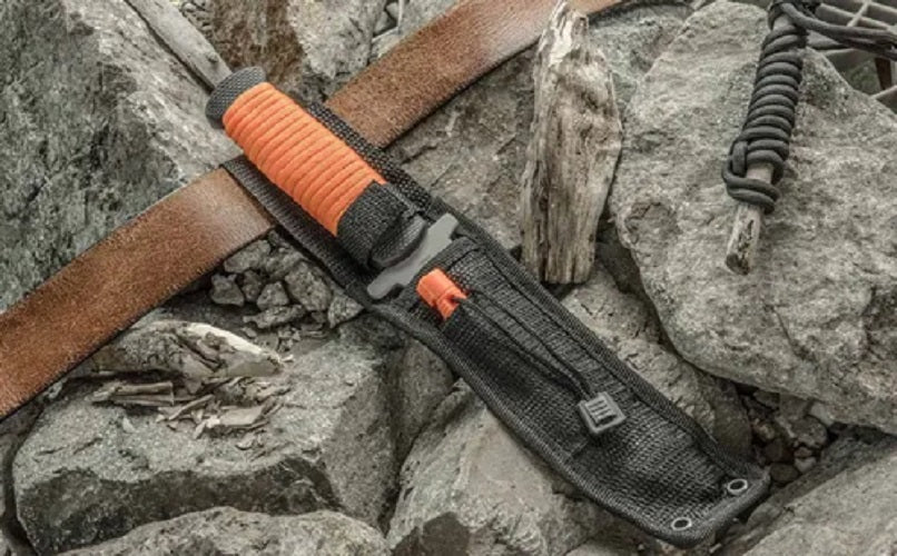 11" Boot Fixed Spear Blade Full Tang w/Whistle and Orange Paracord Wrapped Handle