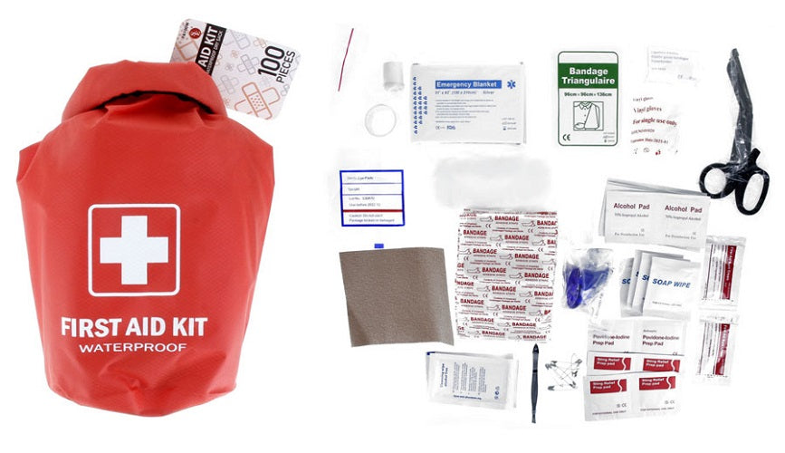 100 Pc. First Aid Kit In Waterproof Red Dry Sack Emergency Survival Hiking