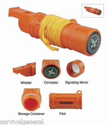 5 in 1 Survival Whistle with Compass Mirror Multi-Purpose Tool