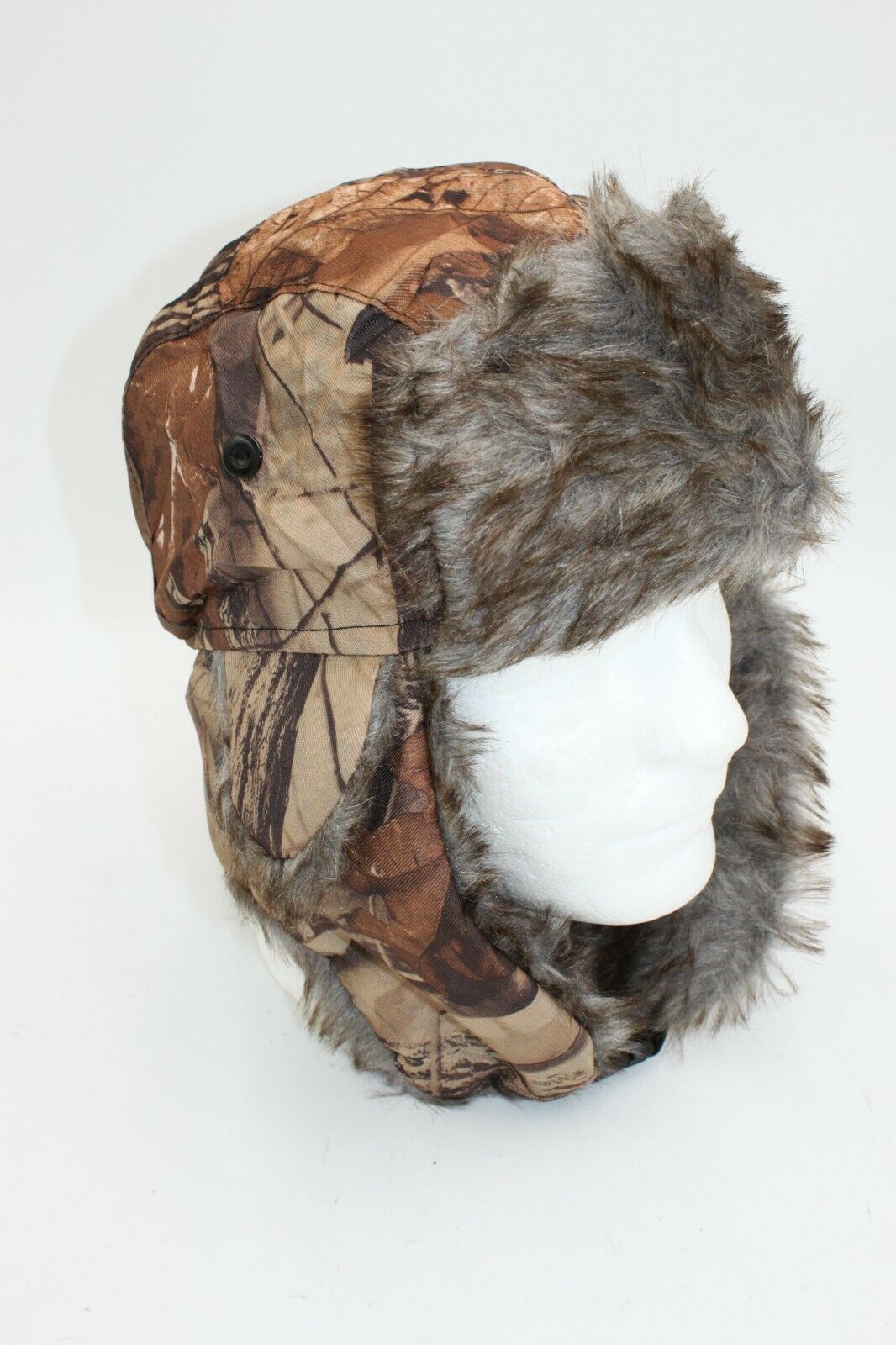 Camo Bomber Faux Fur Mens Sz Large Hunting Hat Fall Tree Leaf Brown Wood Trapper