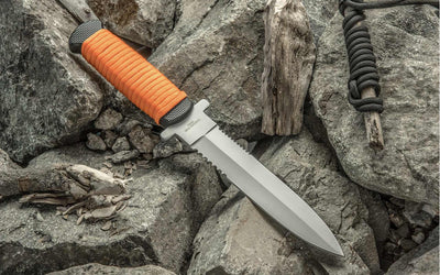 11" Boot Fixed Spear Blade Full Tang w/Whistle and Orange Paracord Wrapped Handle