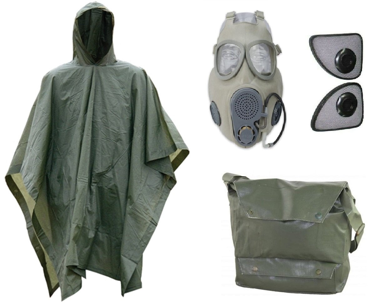 Halloween Costume Kit: Be Ready Zombie Apocalypse with Military Gas Mask M10M, Vinyl Gas Mask Bag, and OD Green Poncho Cape.