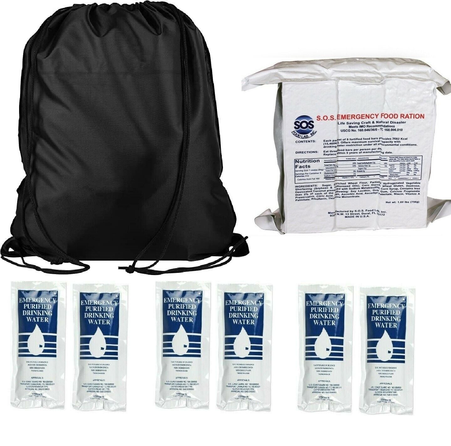 3 Day Emergency Survival Kit Food Water Gym Sack Bag  Earthquake Hurricane Fire