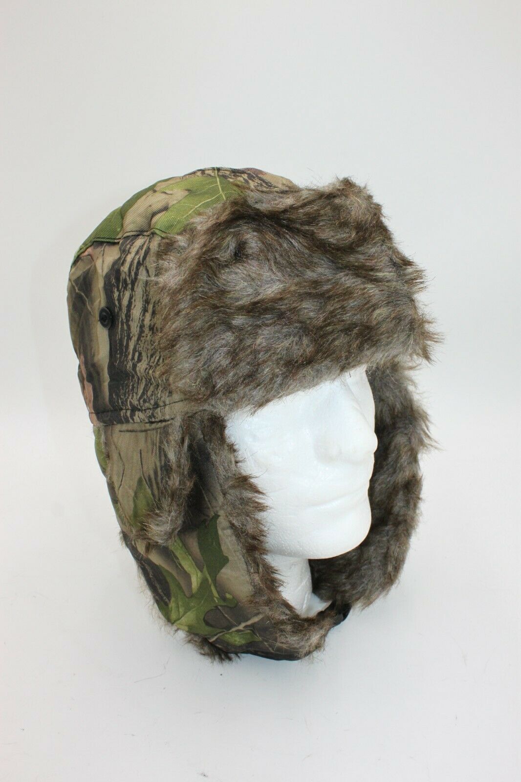 Camo Bomber Faux Fur Mens Large Hunting Hat Tree Green Leaf Brown Wood Trapper
