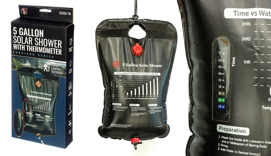 5 Gallon Solar Shower With Thermometer Outdoor Camping Survival