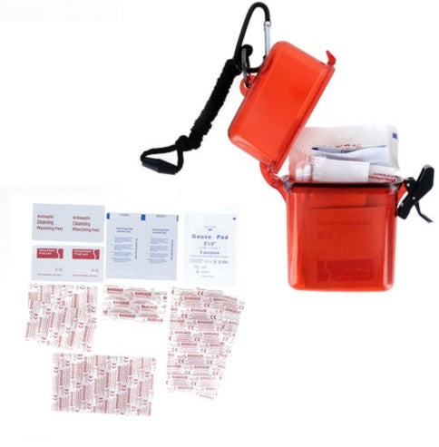50Pc First Aid Kit Stored in a Waterproof Case W/5mm Carabineer (Red Clear)