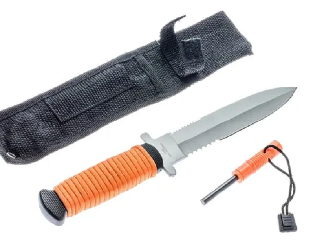 11" Boot Fixed Spear Blade Full Tang w/Whistle and Orange Paracord Wrapped Handle